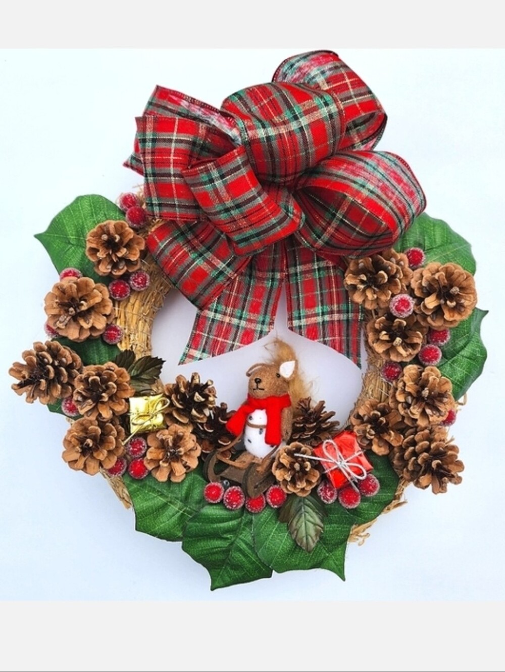 Sledding Squirrel Pinecone & Berries Christmas Wreath